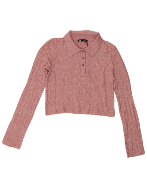Polo corta da donna a maniche lunghe Zara UK 10 piccola in viscosa rosa