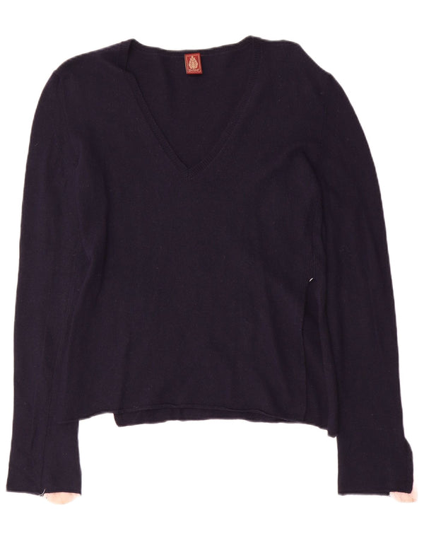 Dondup Maglione da donna con scollo a V UK 10 Small Blu Navy Colourblock