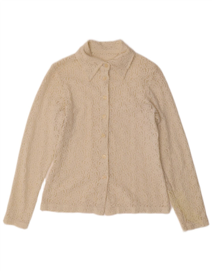 VINTAGE Womens Lace Shirt Blouse UK 12 Medium Yellow Floral Polyester
