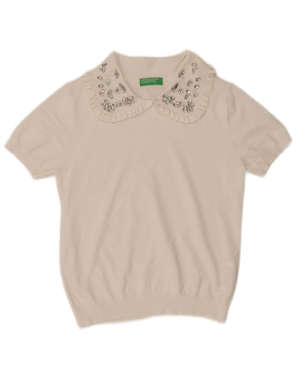 Maglione da donna a maniche corte con collo a polo Benetton da donna UK 6 XS cotone bianco