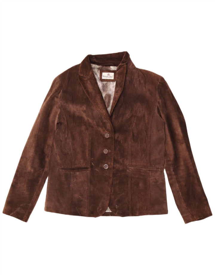 Giacca blazer vintage in pelle scamosciata a 3 bottoni da donna UK 40 grande in pelle marrone