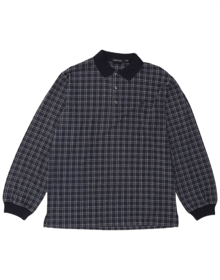 Polo da uomo a maniche lunghe Nautica in cotone a quadri blu navy medio
