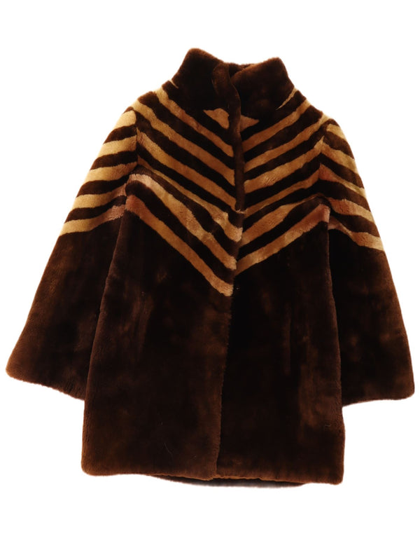 Soprabito vintage da donna in pelliccia sintetica UK 14 marrone medio a righe