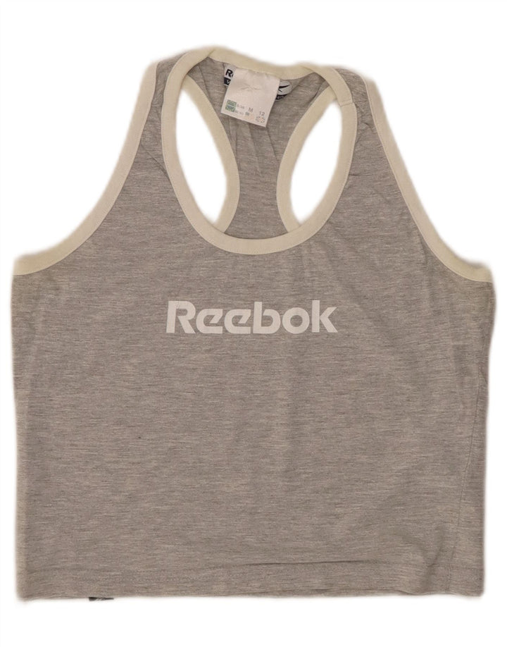 REEBOK Canotta grafica corta da donna UK 12 Cotone screziato grigio medio