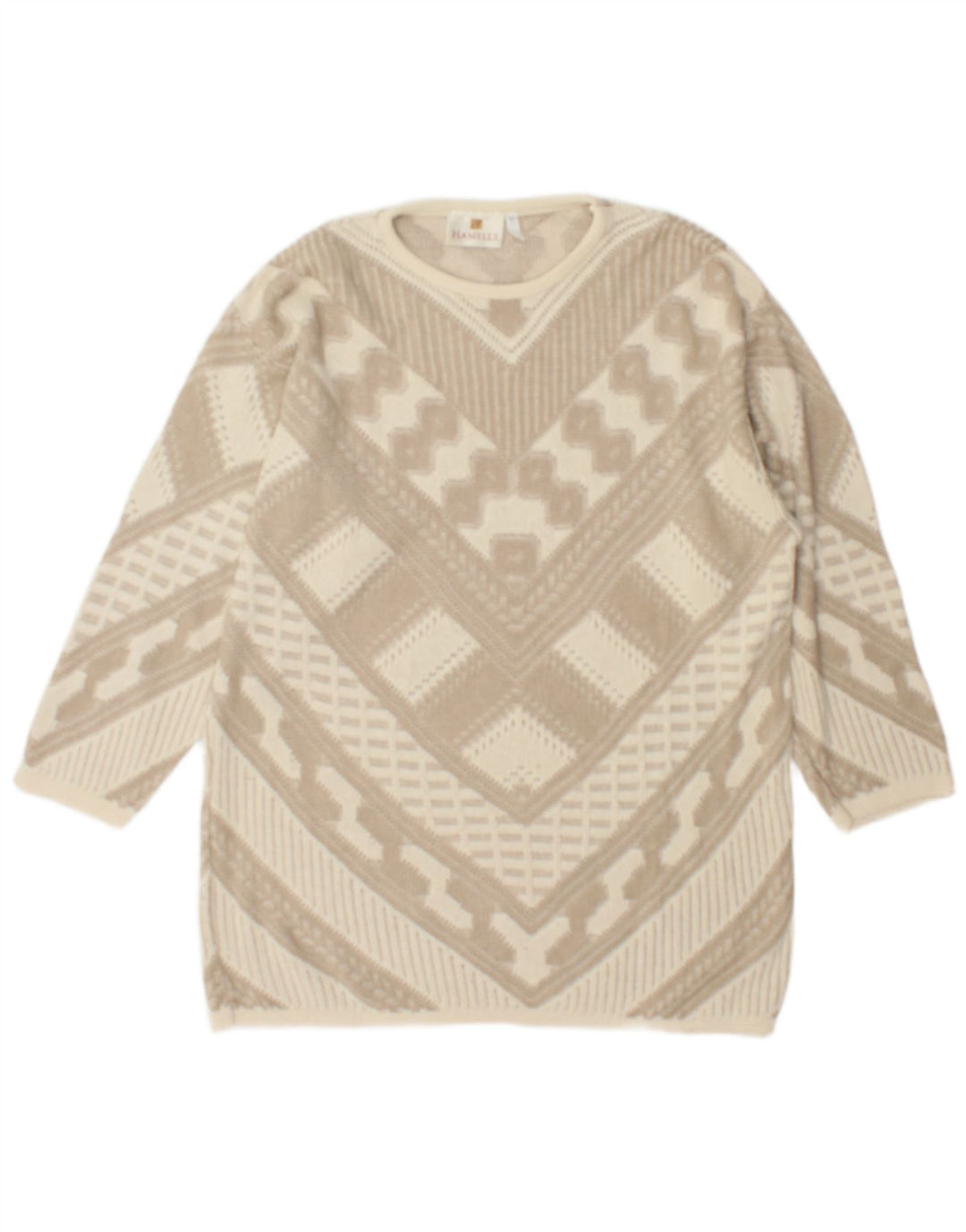 Maglione maglione girocollo da donna vintage UK 12 Beige medio geometrico