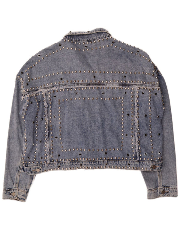 Giacca di jeans vintage da donna vestibilità rilassata UK 12 grande cotone maculato blu