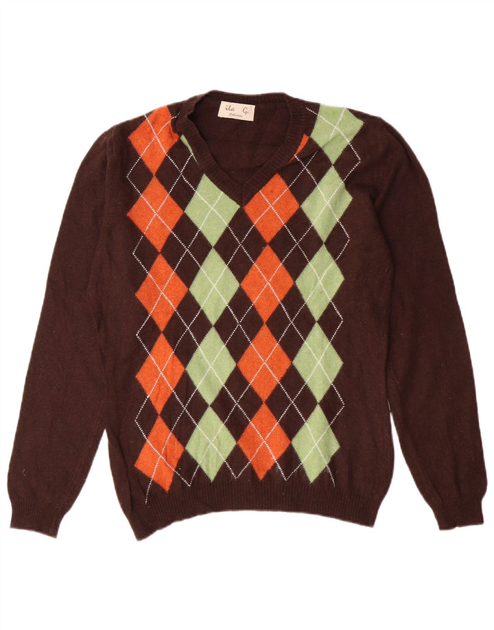 Maglione da donna VINTAGE con scollo a V UK 12 Marrone medio Argyle/Diamante