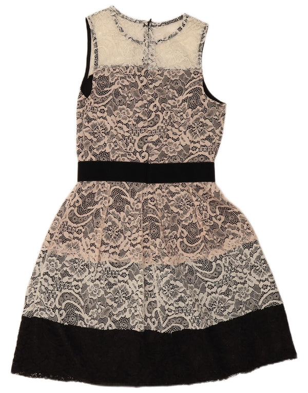 Abito tubino in pizzo vintage da donna UK 8 piccolo floreale bianco