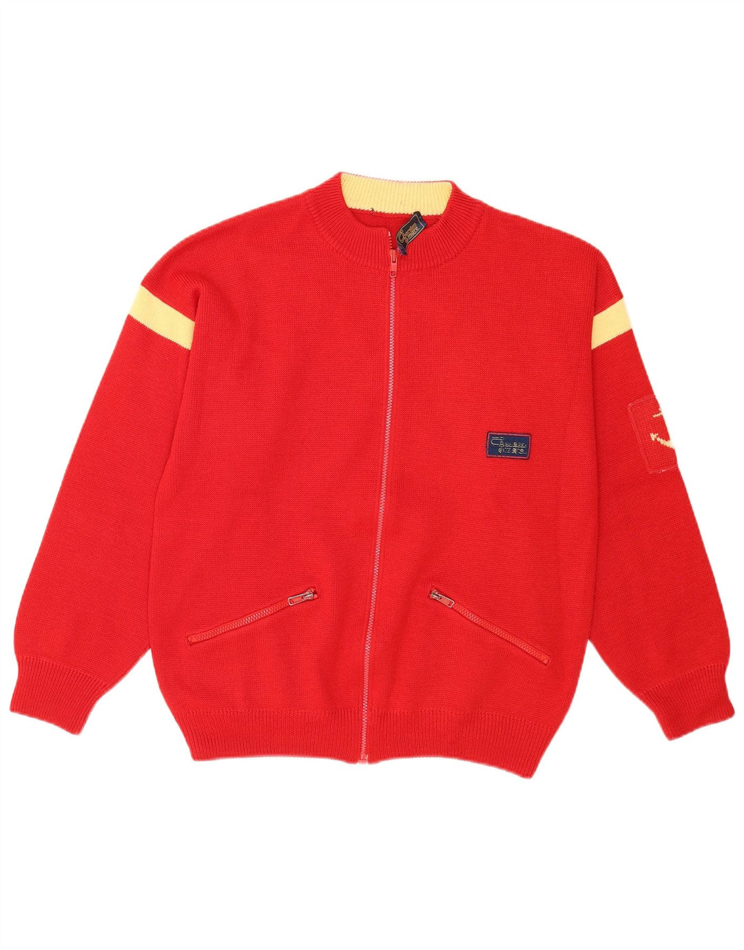 Maglione cardigan con zip intera da uomo vintage in acrilico color block rosso medio