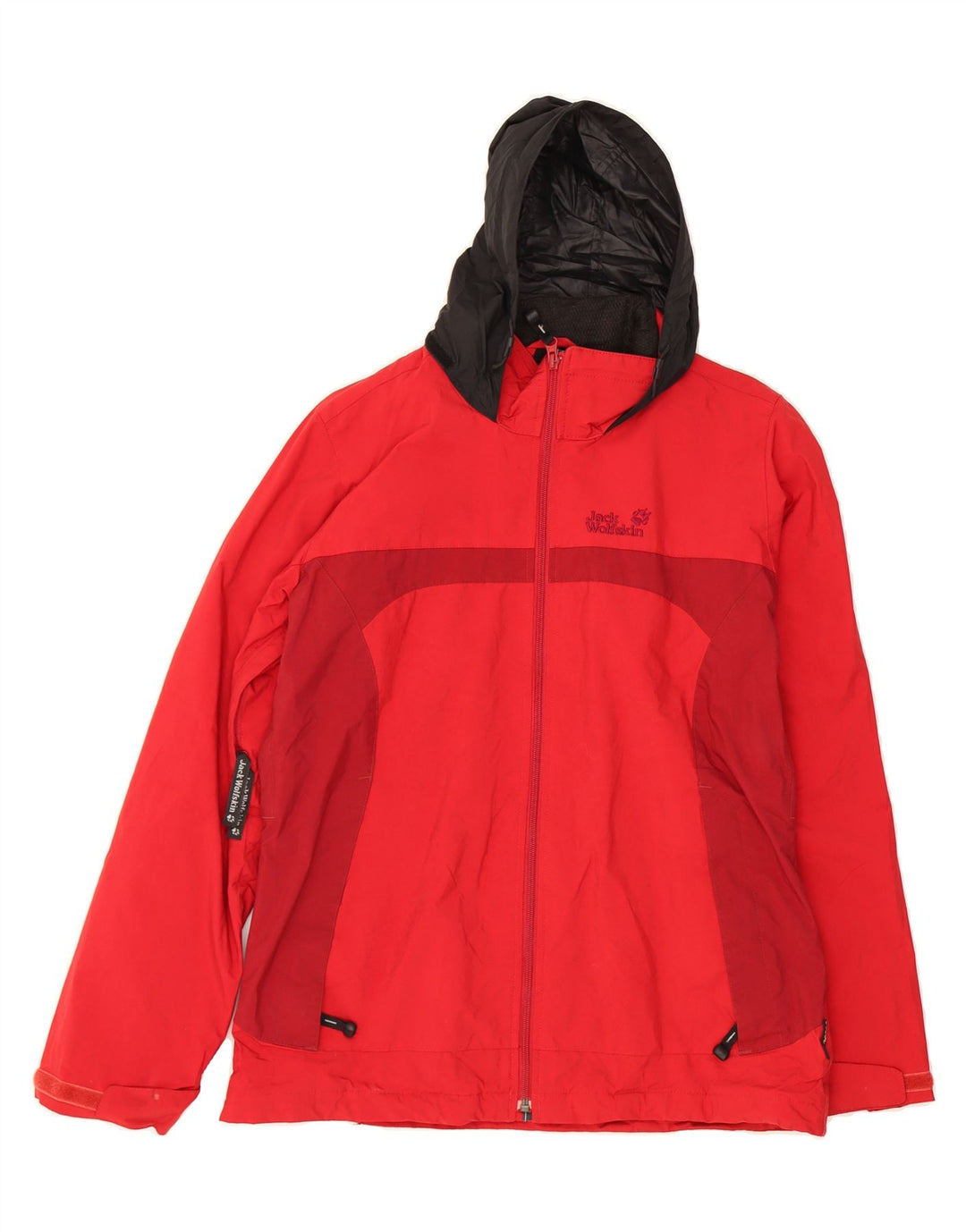 JACK WOLFSKIN Womens Hooded Rain Jacket UK 12/14  Medium Red Colourblock Vintage Jack Wolfskin and Second-Hand Jack Wolfskin from Messina Hembry 