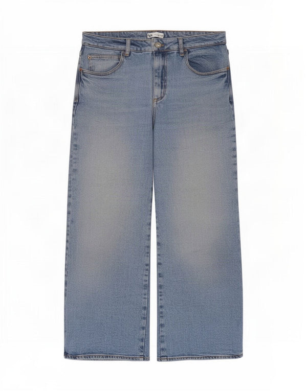Jeans corti a gamba larga a vita alta da donna Zara EU 42 Large W32 L25 cotone blu