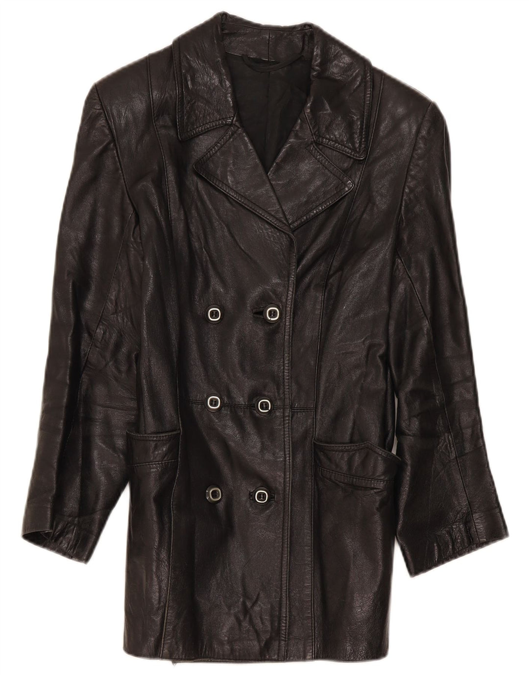 Giacca in pelle doppiopetto vintage da donna IT 46 grande nera