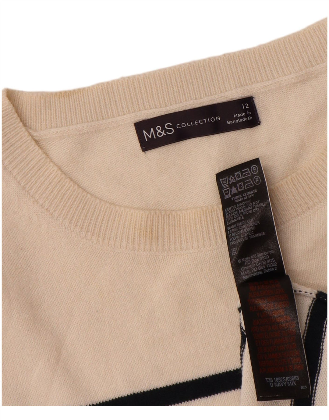 Maglione maglione con scollo a barca da donna Marks & Spencer UK 12 a righe bianche medie