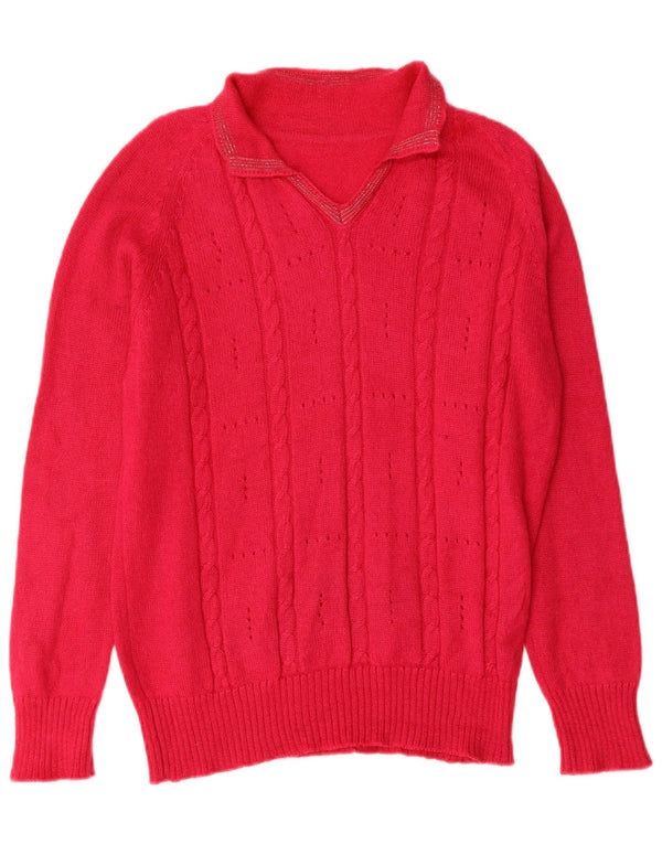 Maglione vintage da donna con collo a polo UK 14 grande rosa