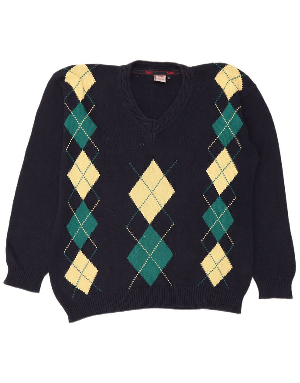 Maglione da uomo con scollo a V Slam XL blu navy a rombi/cotone diamante