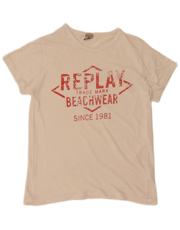 T-shirt grafica da donna Replay Top UK 12 cotone bianco sporco medio