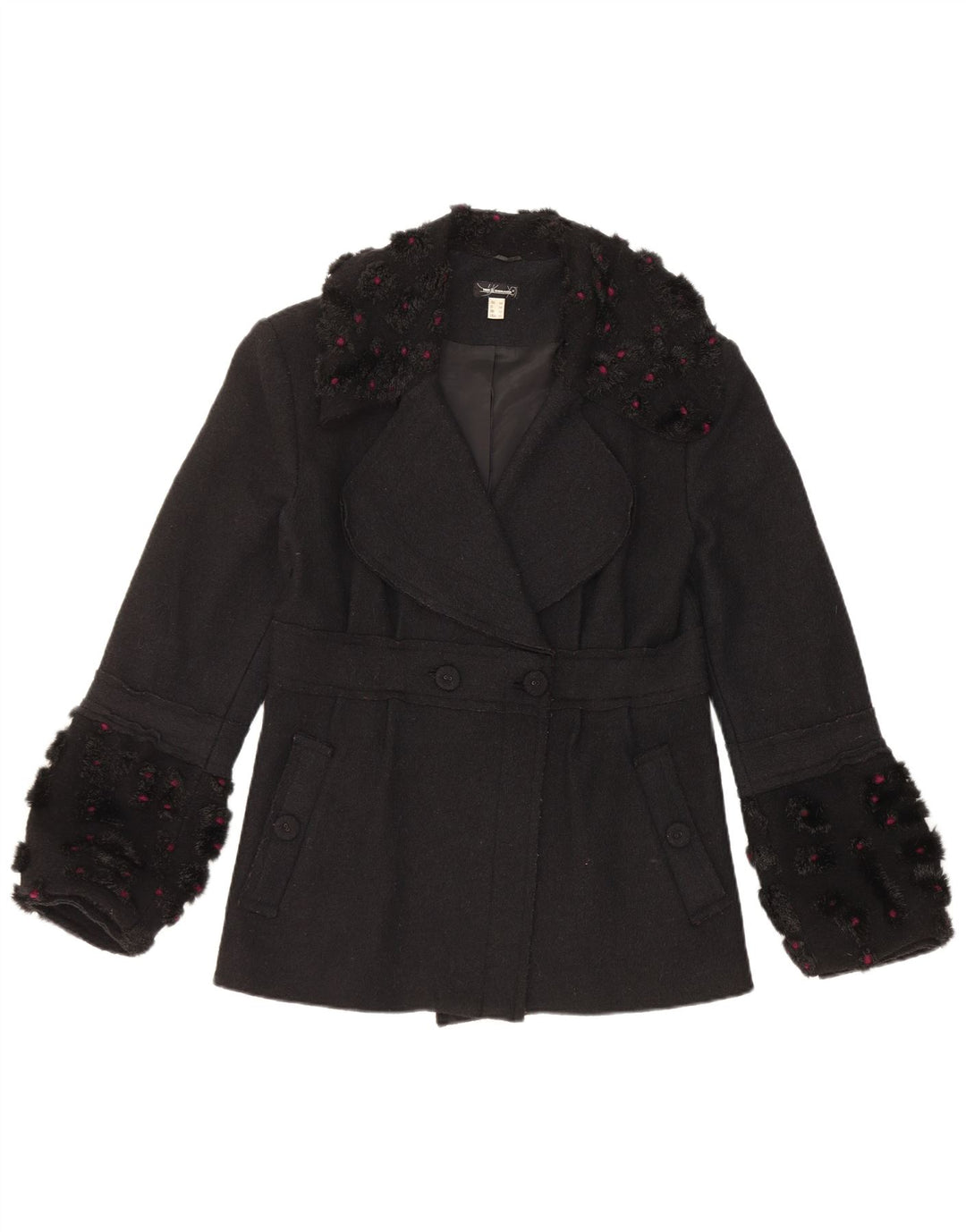Cappotto doppiopetto vintage da donna UK 12 lana nera media