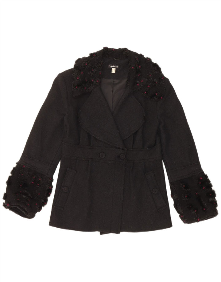 Cappotto doppiopetto vintage da donna UK 12 lana nera media