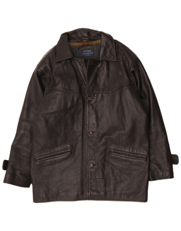 Cappotto vintage da uomo in pelle vestibilità ampia UK 38 Medio Nero