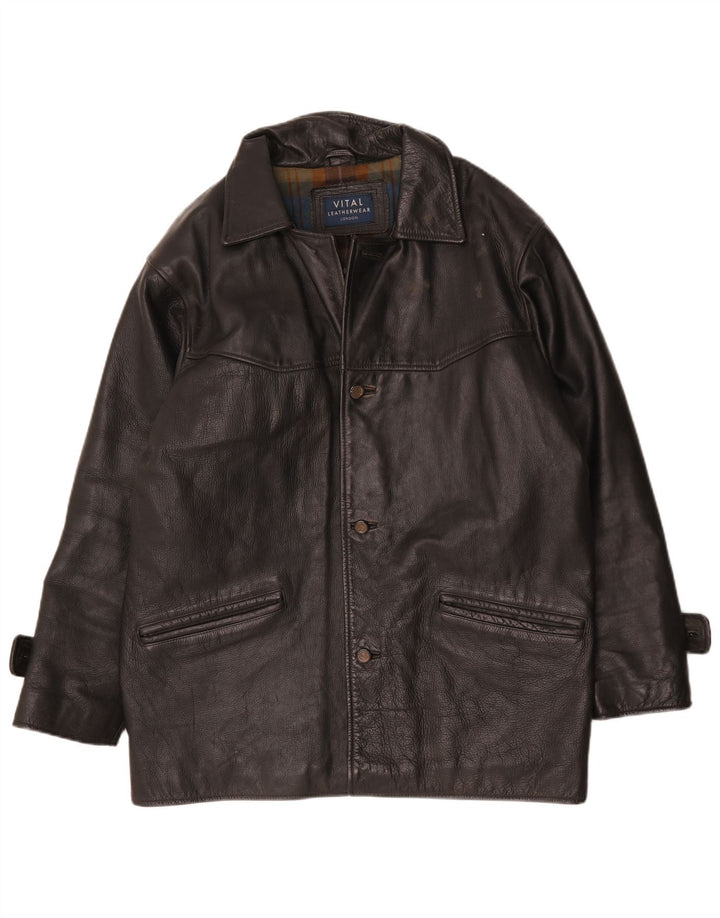 Cappotto vintage da uomo in pelle vestibilità ampia UK 38 Medio Nero