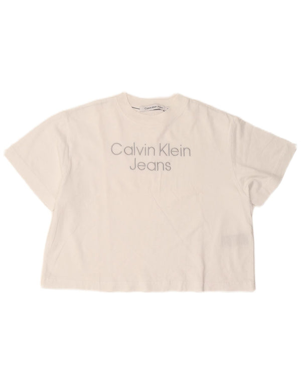 Calvin Klein Jeans T-shirt grafica oversize corta da donna Top UK 6 XS Bianca