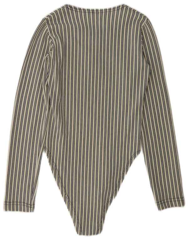 Vintage Womens Long Sleeve Bodysuit UK 8 Small Blue Striped