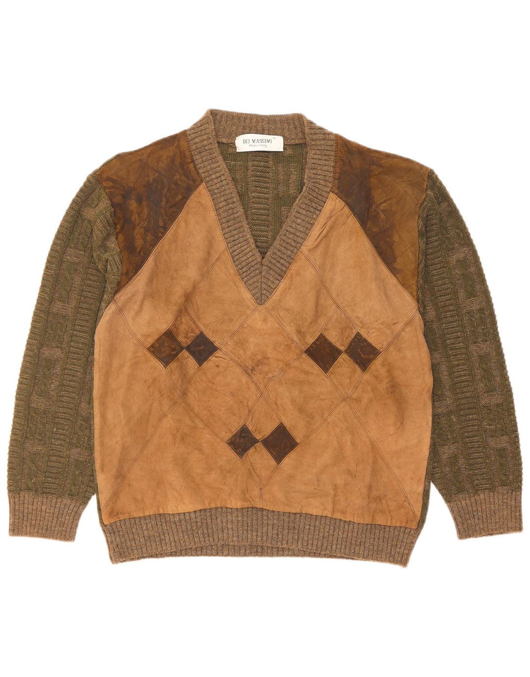 Dei Massimi Mens Maglione a V Collo IT 48 Medio Khaki Rombi/Argyle