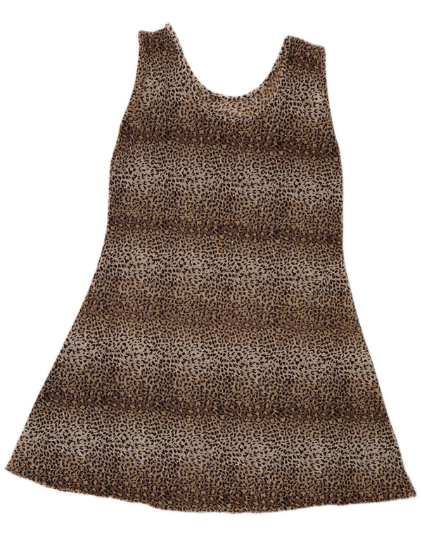 Abito tunica mini senza maniche da donna vintage UK 8 piccola stampa animalier marrone