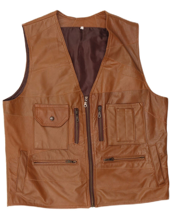 Gilet in pelle vintage da uomo XL marrone