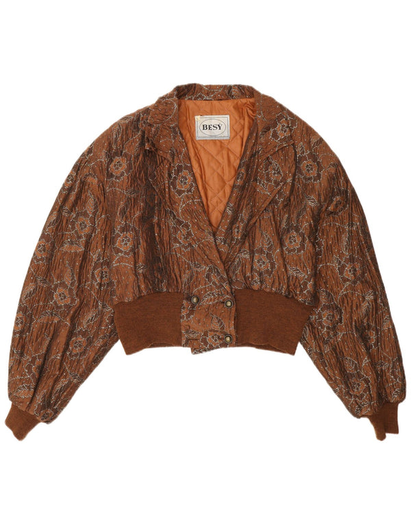 Vintage Womens Crop Bomber Jacket UK 16 Large Brown Floral Viscose