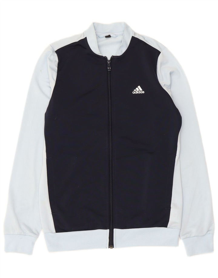 ADIDAS Boys Tracksuit Top Jacket 13-14 Years Blue Colourblock Polyester