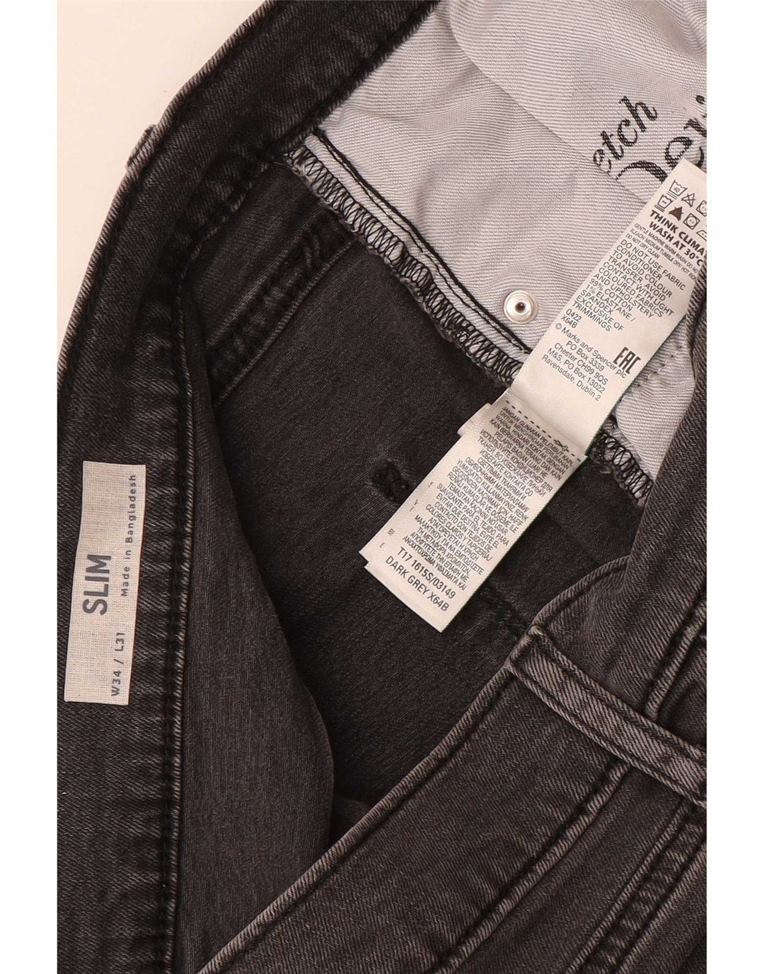 Jeans slim da uomo Marks & Spencer W34 L31 cotone grigio