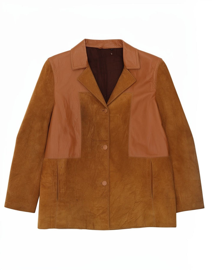 Giacca vintage in pelle scamosciata da donna UK 12 Colorblock marrone medio