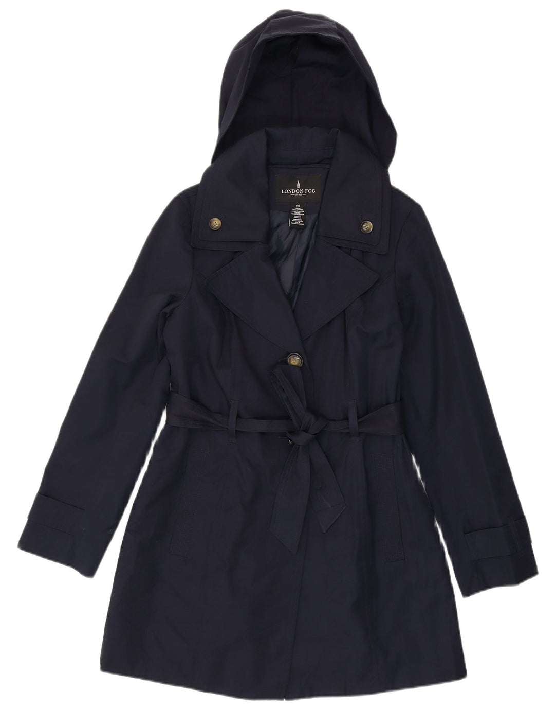 Trench con cappuccio da donna LONDON FOG UK 10 piccolo in cotone blu navy