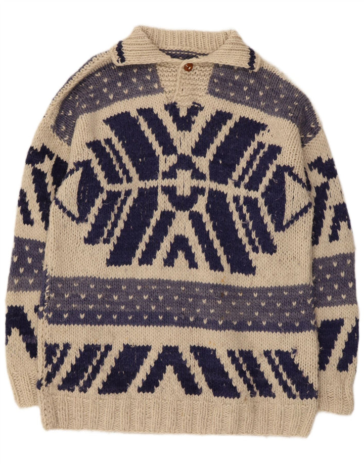 Maglione vintage da uomo con collo a polo, medio, bianco sporco geometrico