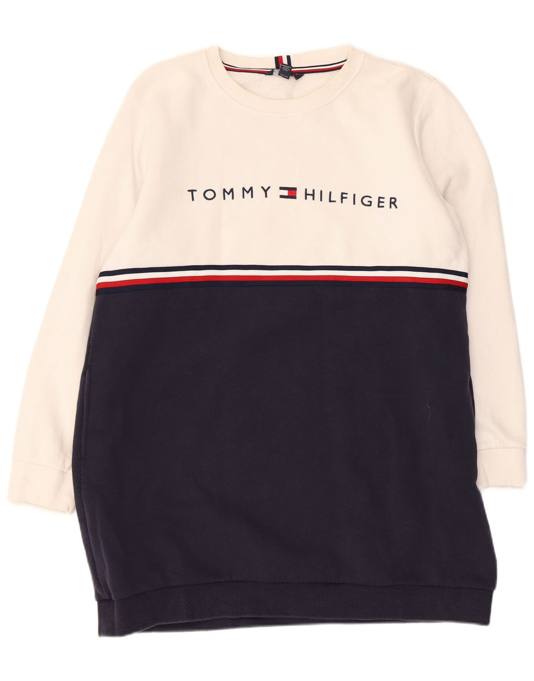 TOMMY HILFIGER Abito maglione grafico da donna UK 16 Large White Colourblock