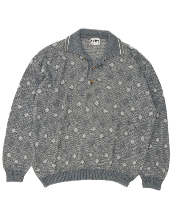 Maglione vintage da uomo con collo a polo, grande grigio geometrico