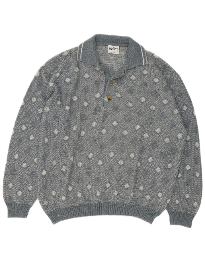 Maglione vintage da uomo con collo a polo, grande grigio geometrico