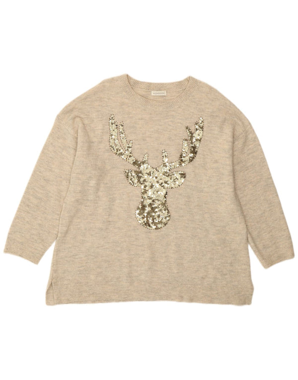 Monsoon Maglione da donna con scollo a barca con grafica UK 20 2XL Acrilico beige