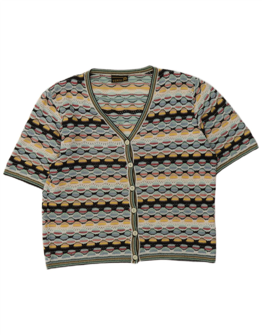 Maglione cardigan da donna vintage UK 14 Grande motivo geometrico multicolore