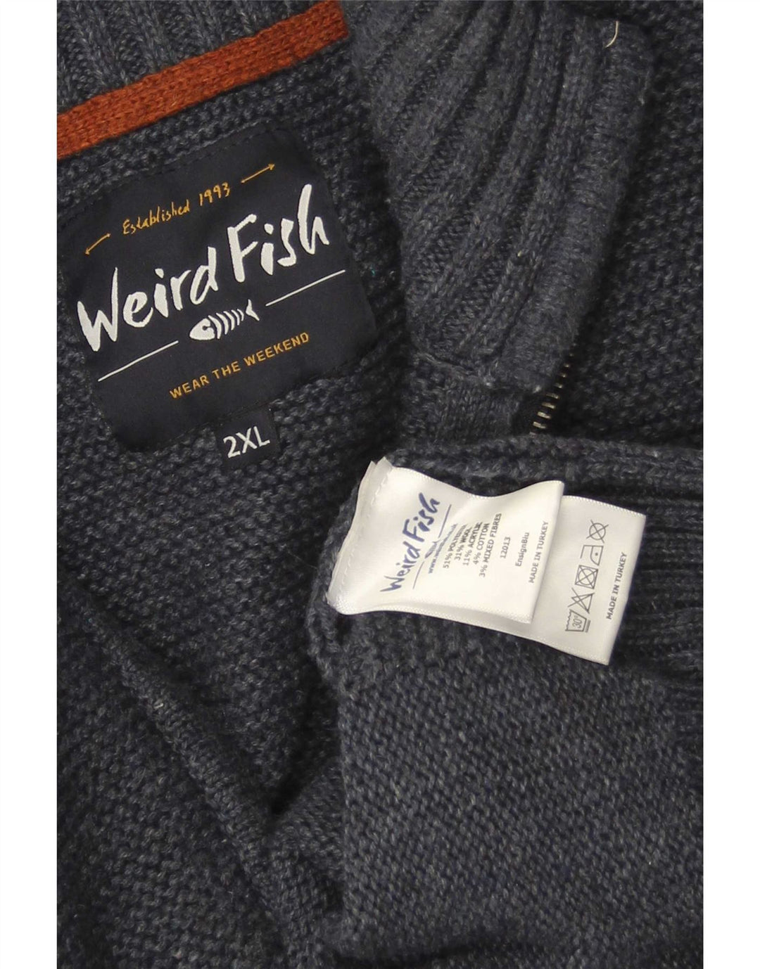 Maglione maglione con collo con zip da uomo Weird Fish 2XL poliestere blu navy