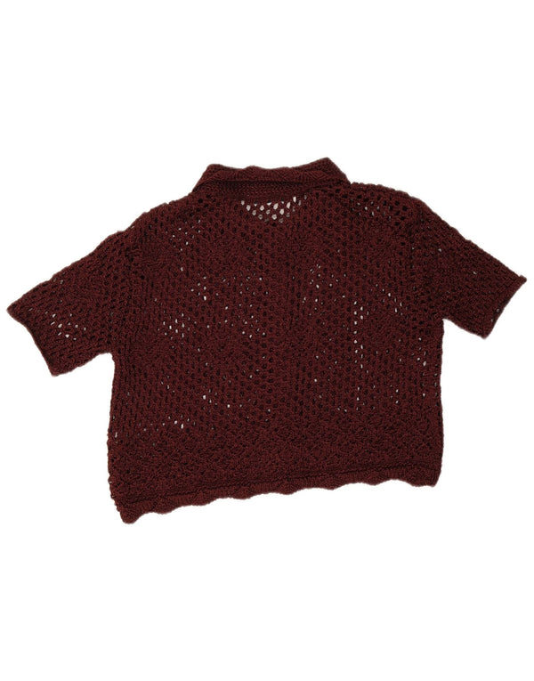 Zara Donna Camicetta a maniche corte all'uncinetto a maniche corte UK 16 Large Bordeaux
