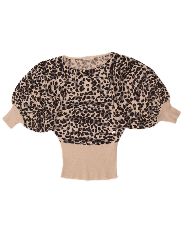 Camicetta vintage da donna con maniche a 3/4 Top UK 10 Piccola viscosa con stampa animalier beige