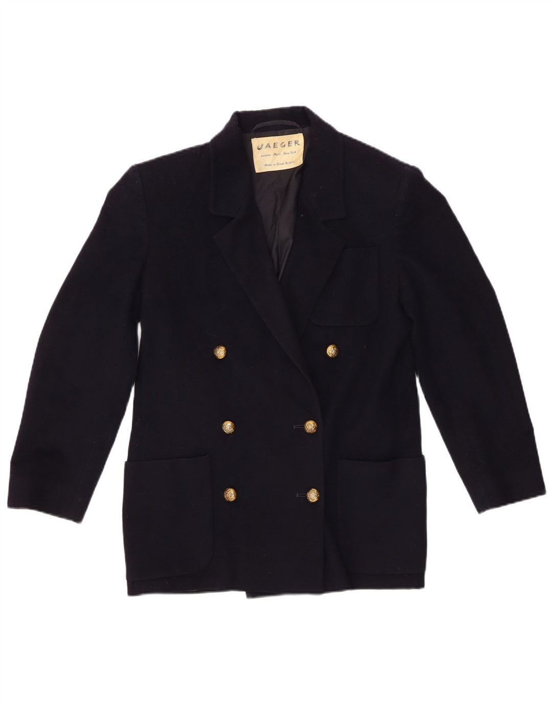 Jaeger Giacca Blazer Doppio Petto da Donna UK 6 XS Blu Navy Nuova Lana