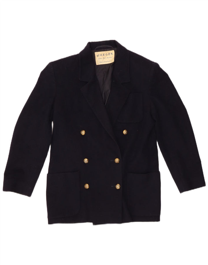 Jaeger Giacca Blazer Doppio Petto da Donna UK 6 XS Blu Navy Nuova Lana