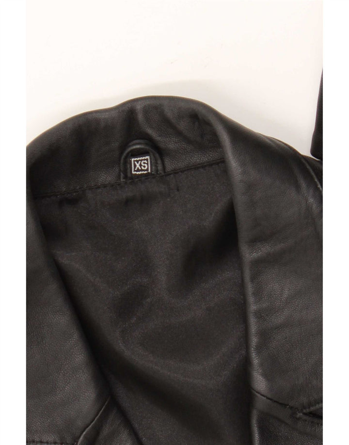 Giacca blazer in pelle vintage da donna a 3 bottoni UK 6 XS nera