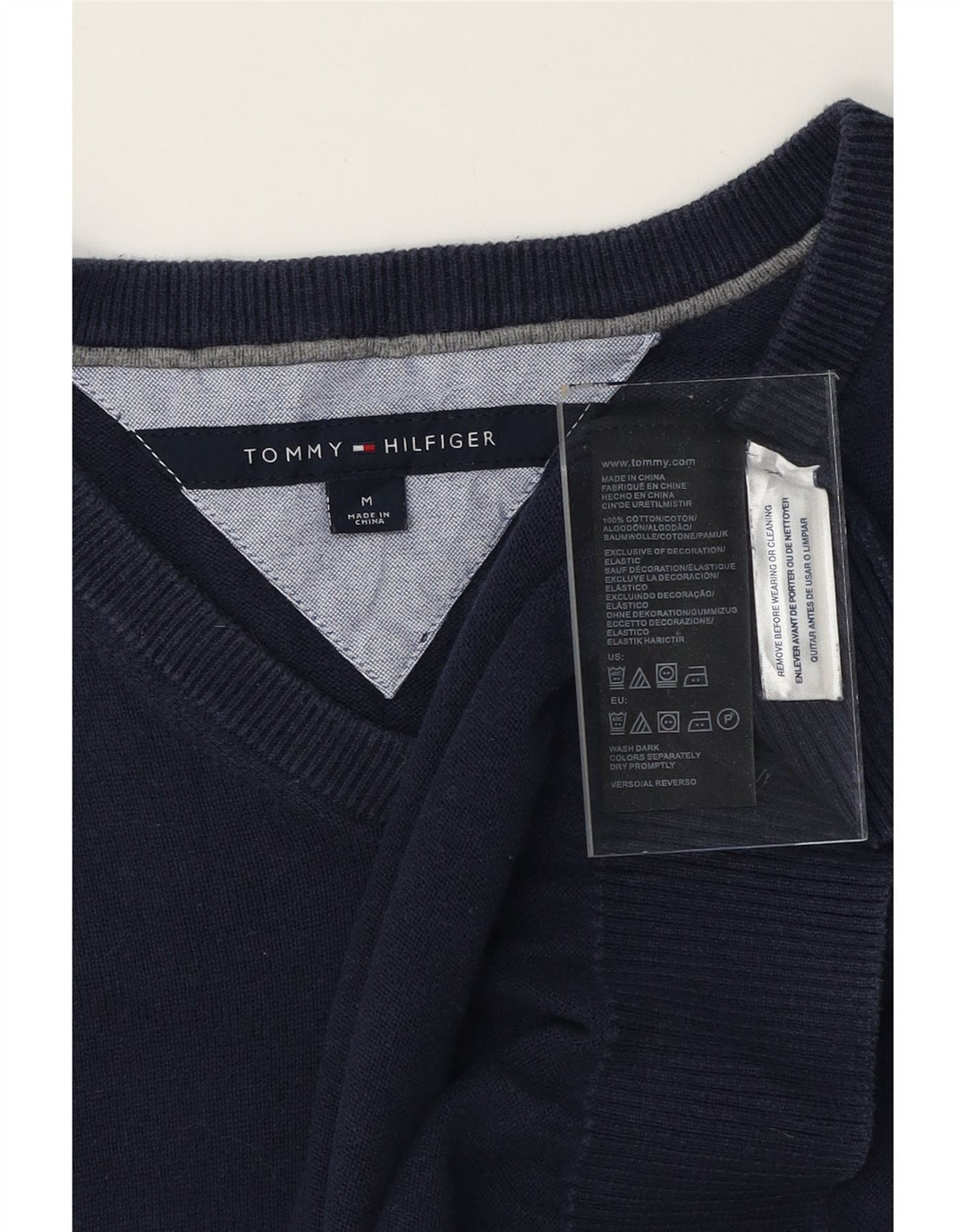 TOMMY HILFIGER Mens V-Neck Jumper Sweater Medium Navy Blue Cotton Vintage Tommy Hilfiger and Second-Hand Tommy Hilfiger from Messina Hembry 