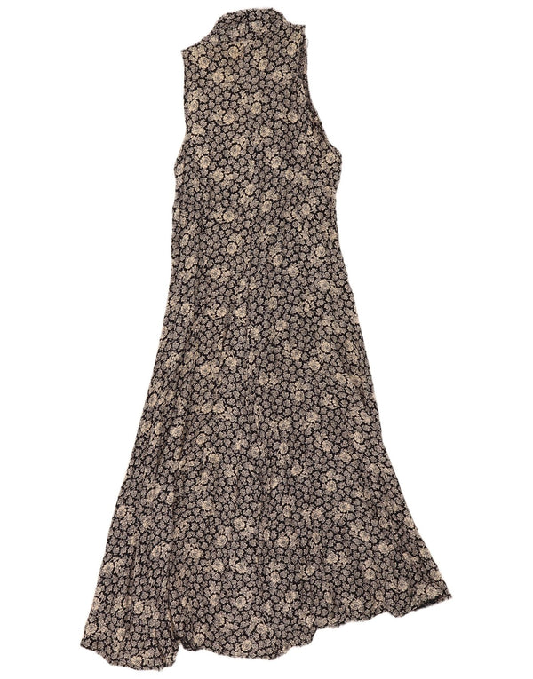 Abito maxi da donna vintage con scollo all'americana UK 10 piccolo viscosa floreale nera