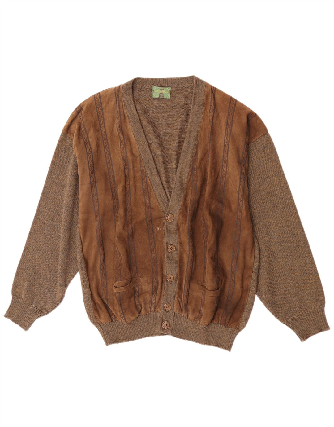 Maglione cardigan in pelle scamosciata vintage da uomo grande lana geometrica marrone