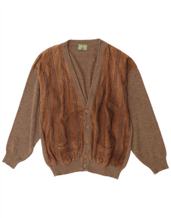 Maglione cardigan in pelle scamosciata vintage da uomo grande lana geometrica marrone